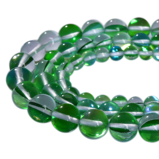 Asingeloo 38PCS 10mm Green Angel Aura Round Gemstones Polished Mermaid Aura Moonstone Bead Smooth Stone Loose Beads Crystal Quartz for DIY Jewelry Making 1 Strand 15”
