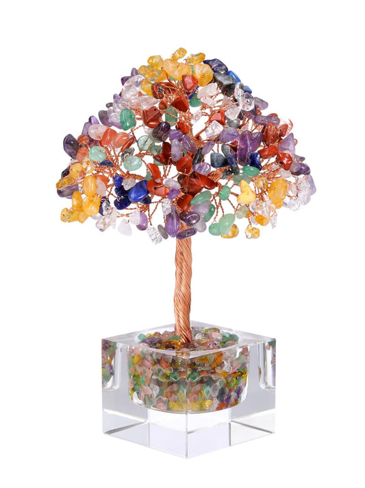 Jovivi Large Crystal Tree with Square Glass Base, 7 Chakra Healing Crystals Life Tree Natural Chipped Gemstone Money Trees Feng Shui Good Luck Positive Energy Home Desk Decor