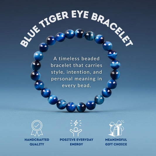 Cherry Tree Collection Jade Blue Tiger's Eye Beaded Bracelet – Genuine 8mm Gemstone Stretch Bracelet for Men & Women – Handmade Crystal Bracelet - (Jade Blue Tiger's Eye - M)