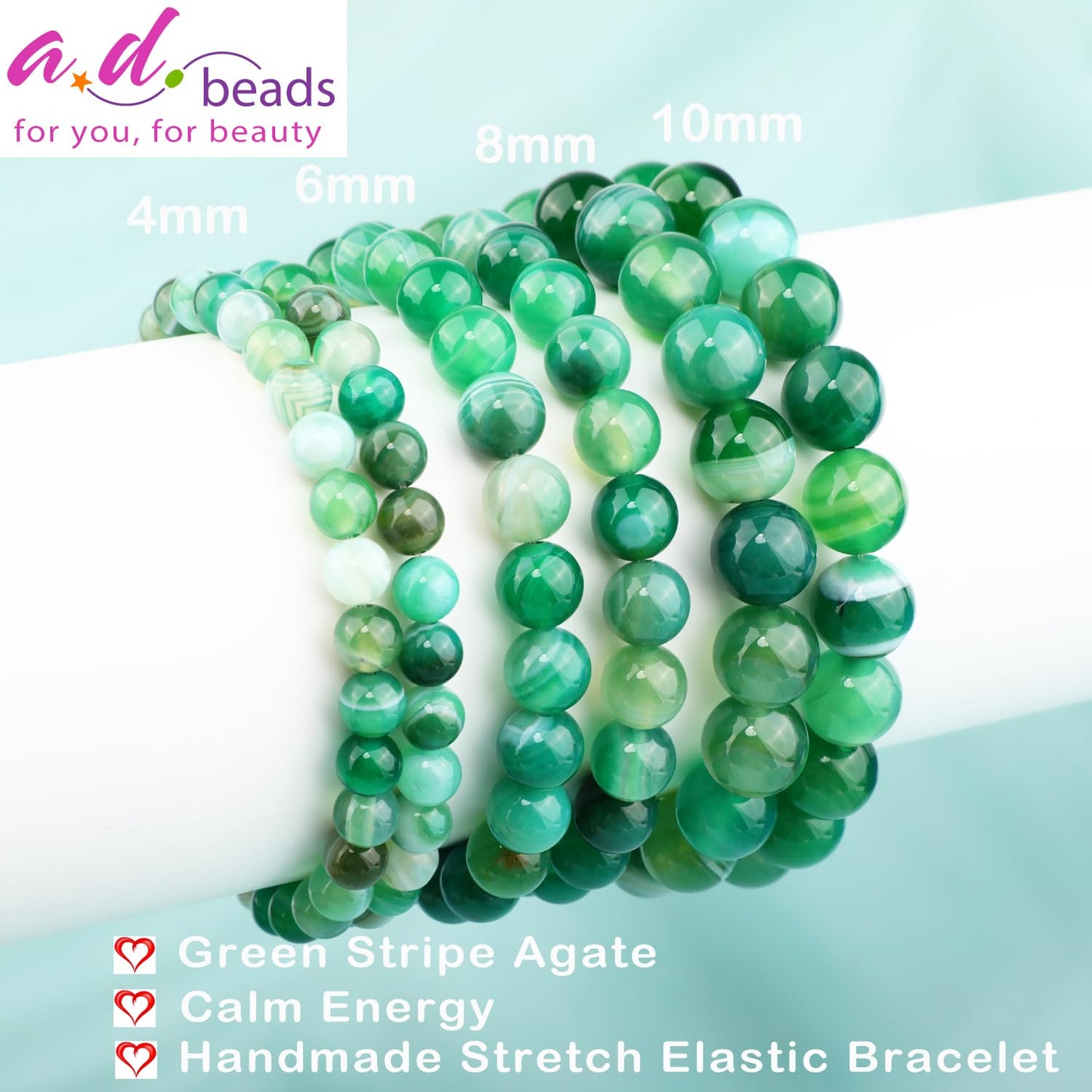 AD Beads 10mm Handmade Green Stripe Agate Elastic Bracelet – Natural Gemstone for Calm energy – Meditation, Yoga, Healing and Energy Gift for Men Women