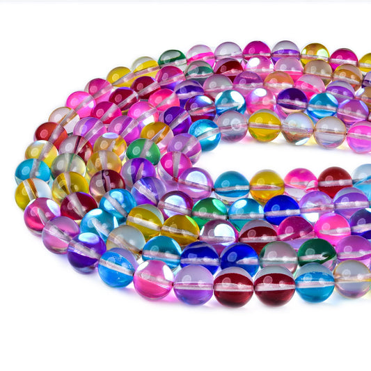 Asingeloo 10mm Mix Color Angel Aura Round Gemstone Polished Mermaid Aura Moonstone Smooth Stone Loose Beads Crystal Quartz for DIY Jewelry Making 1 Strand 15