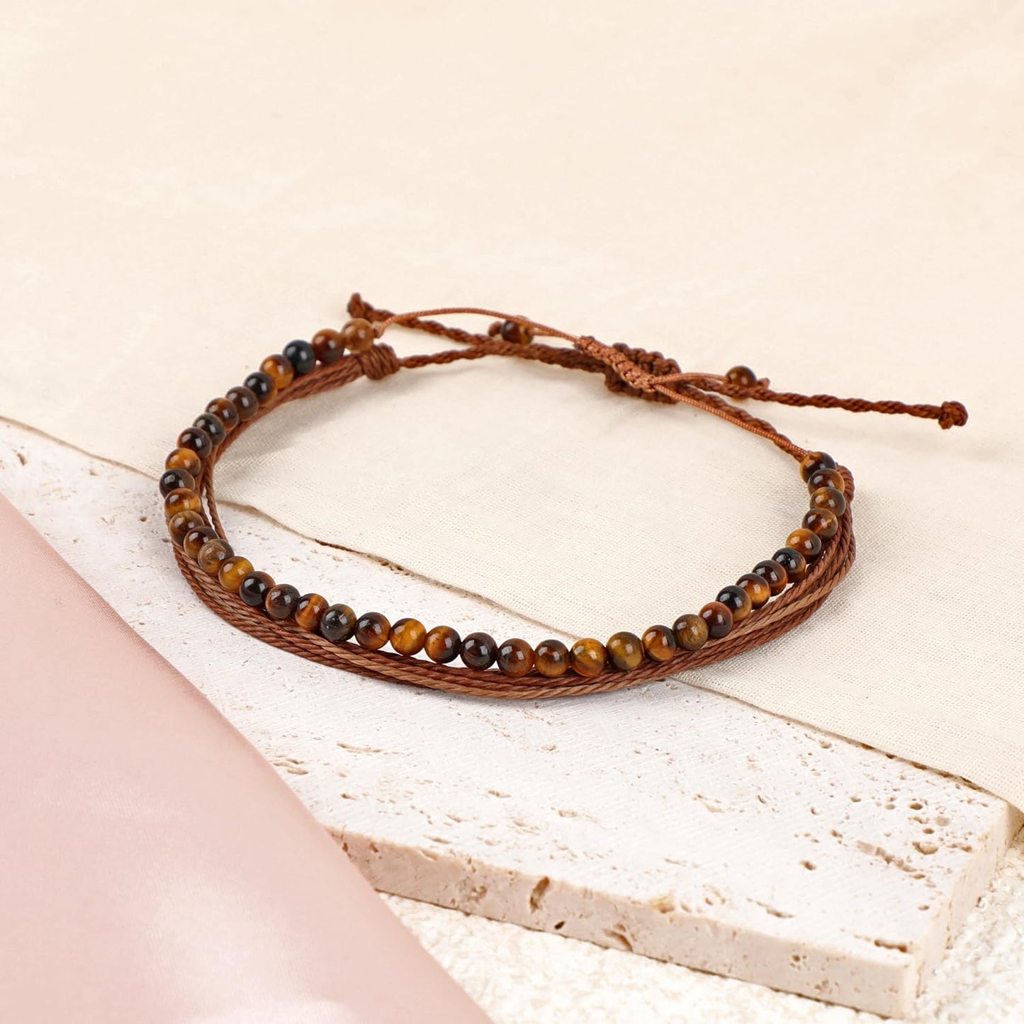 LPBeads 4mm Yellow Tiger's Eye Bracelet with Handmade Rope Bracelet Size Adjustable Natural Stone Crystal Healing Bracelets Gifts for Unisex Adults