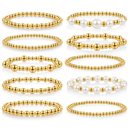 Ecation 10 Pcs Beaded Bracelets for Women Chunky Stacking Plated Bead Ball Stretchable Bracelets Set Natural Pearl Jewelry(Gold)