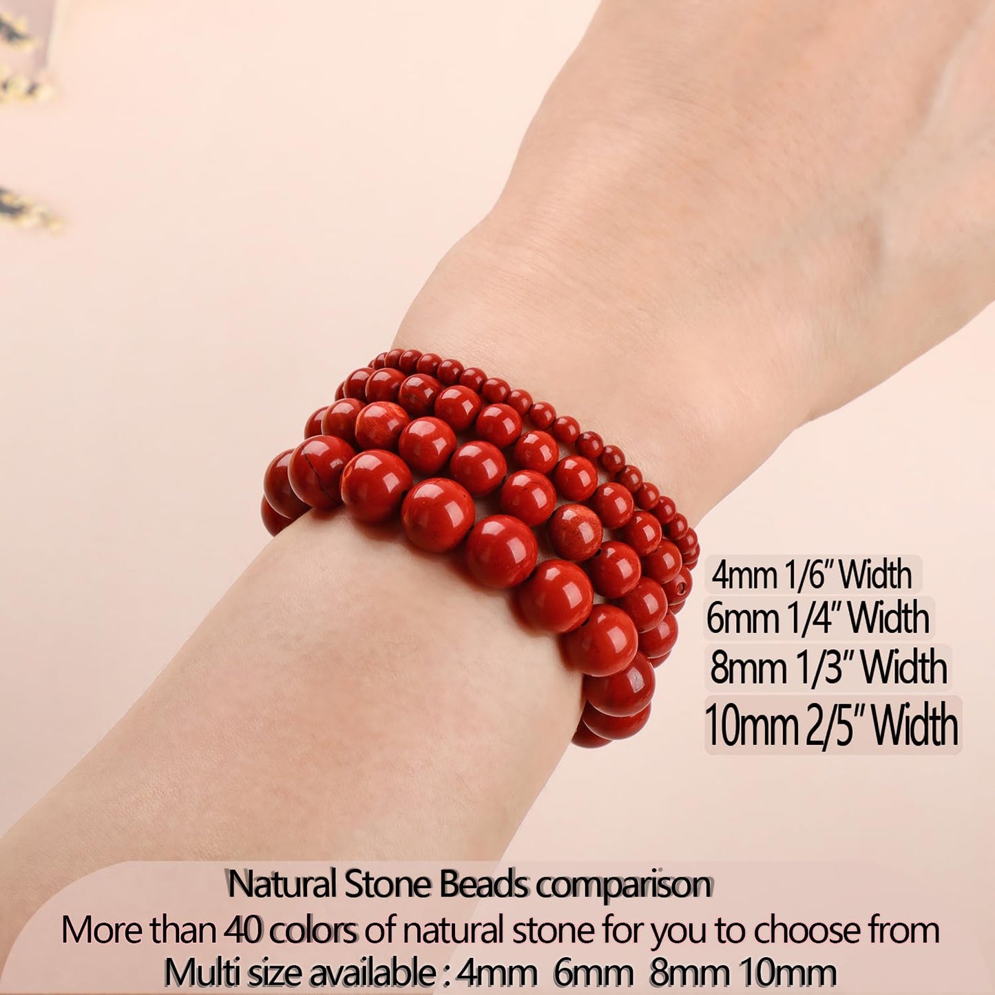 LPBeads Handmade Natural Gemstone Stretch Elastic 10mm Red Jasper Bracelet Healing Crystal Round Stone Beads Jewelry Gifts for Women Men