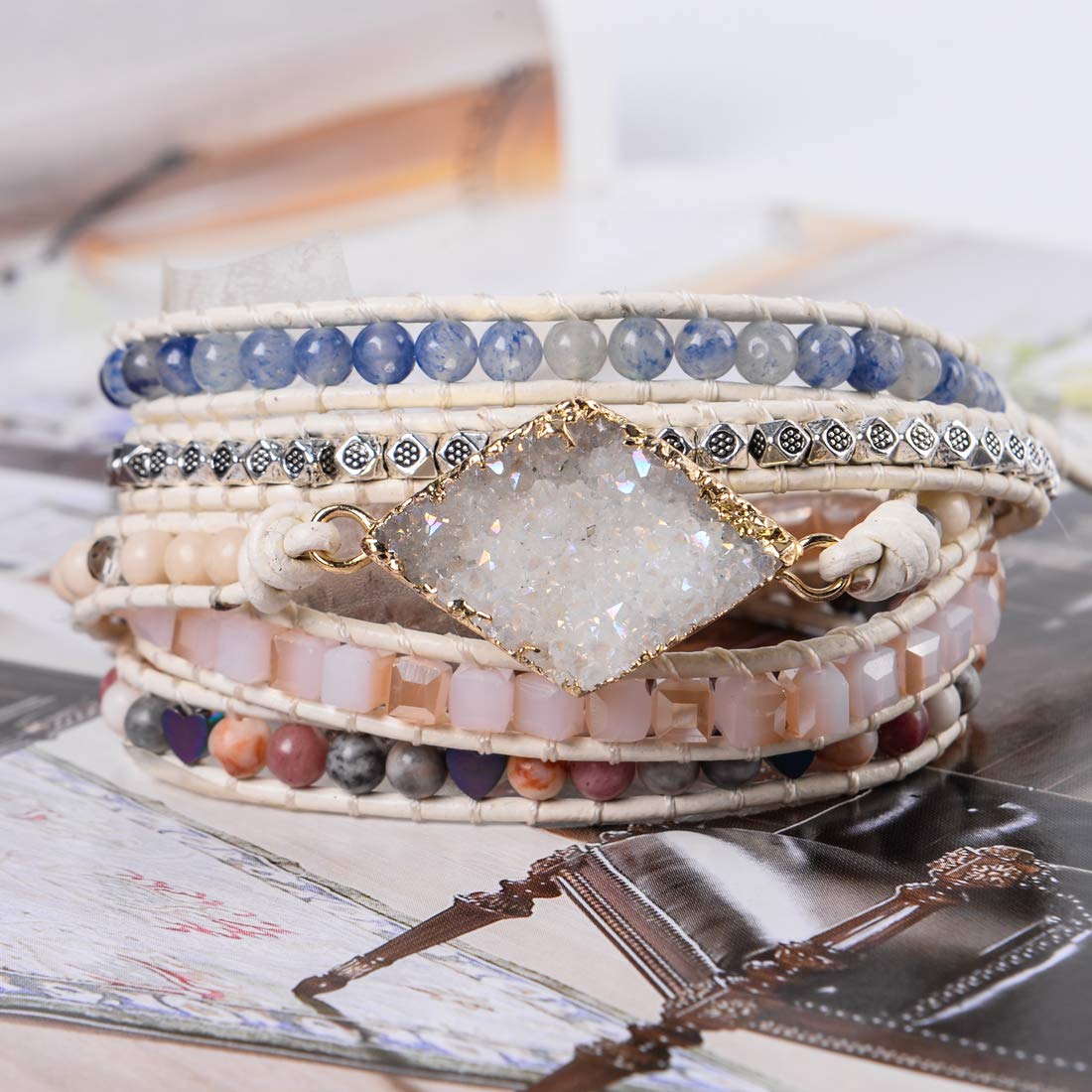 YGLINE Boho Handmade Wrap Leather Tube Crystal Stone Bracelet for Women (Druzy Stone)