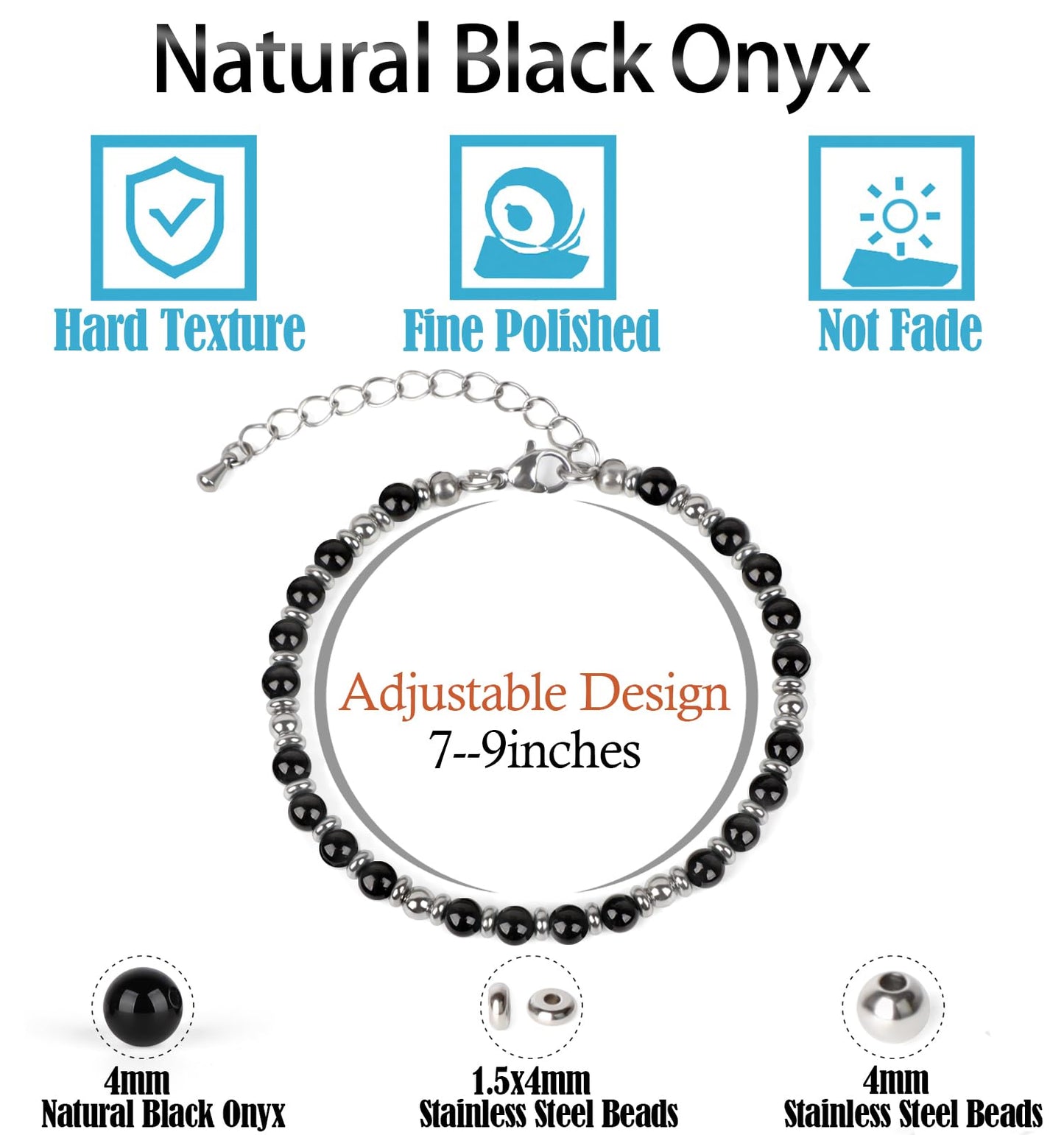4mm Black Onyx Tiny Beaded Bracelets For Women, Energy Gem Charm Jewelry Adjustable Bracelet Gifts for Mom, Daughter, Wife, Coworkers, Friends, Bestie