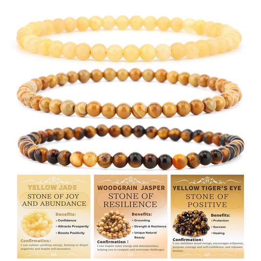 CMBYN 3-Pieces 4mm Natural Crystal Gemstone – ﻿Woodgrain Jasper, Yellow Jade, Yellow Tiger's Eye Handmade Reiki Energy Healing Stretch Bracelets Jewelry for Yoga, Meditation, Unisex