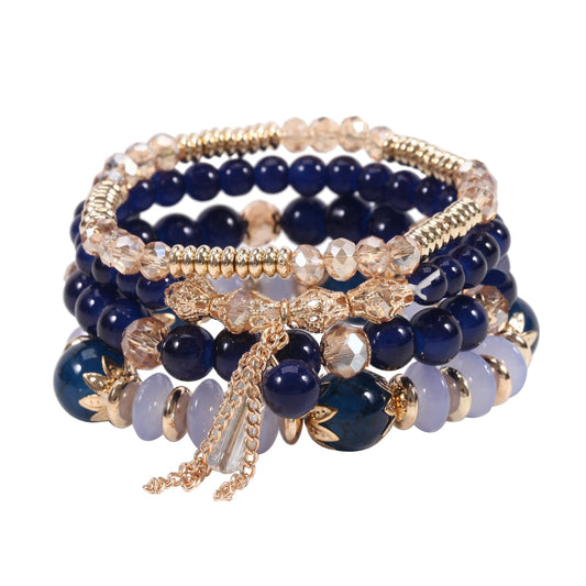 LOTSOF Bohemian Green Jade Stackable Bracelet Set - 4-Layer Stretch Beaded Bracelets with Gold Accents, Boho Jewelry for Women, Fashion Statement Accessory (Gift Ready) (Dark Blue)
