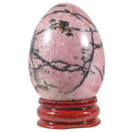 Casaper 2" Natural Rhodonite Egg with Wood Stand for Home Decoration, Polished Crystal Pocket Palm Sphere Fengshui Figurines Healing Reiki