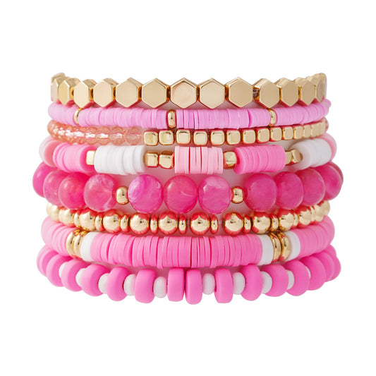 GOOJIDS Pink Surfer Heishi Clay Bead Bracelets for Women Bohemian Stackable Gold Plated Beaded Stretch Bracelets Elastic Layering Friendship Bracelets Set Boho Jewelry