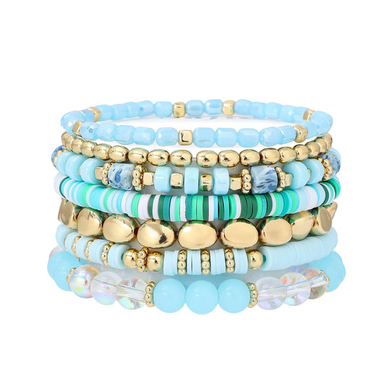 GOOJIDS Surfer Heishi Clay Bead Bracelets for Women Bohemian Stackable Gold Plated Beaded Stretch Bracelets Elastic Layering Friendship Bracelets Set Boho Jewelry