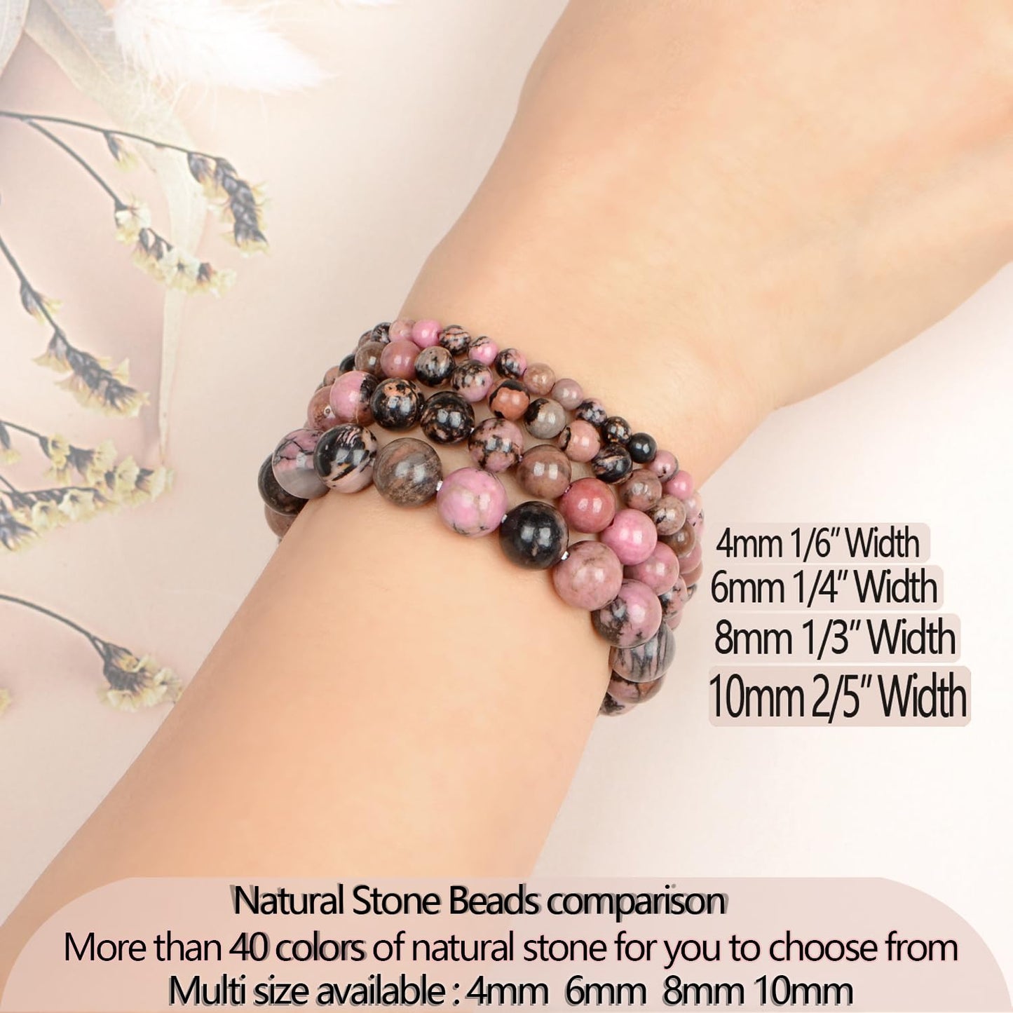 LPBeads Handmade Natural Gemstone Stretch Elastic 6mm Pink Black Rhodonite Bracelet Healing Crystal Round Stone Beads Jewelry Gifts for Women Men