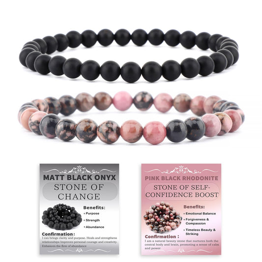 NCB 2-Piece 6mm Natural Crystal Gemstone Stretch Bracelets – ﻿Pink Black Rhodonite, Matte Black Agate Handmade Reiki Energy Healing Jewelry for Meditation,Yoga, Unisex