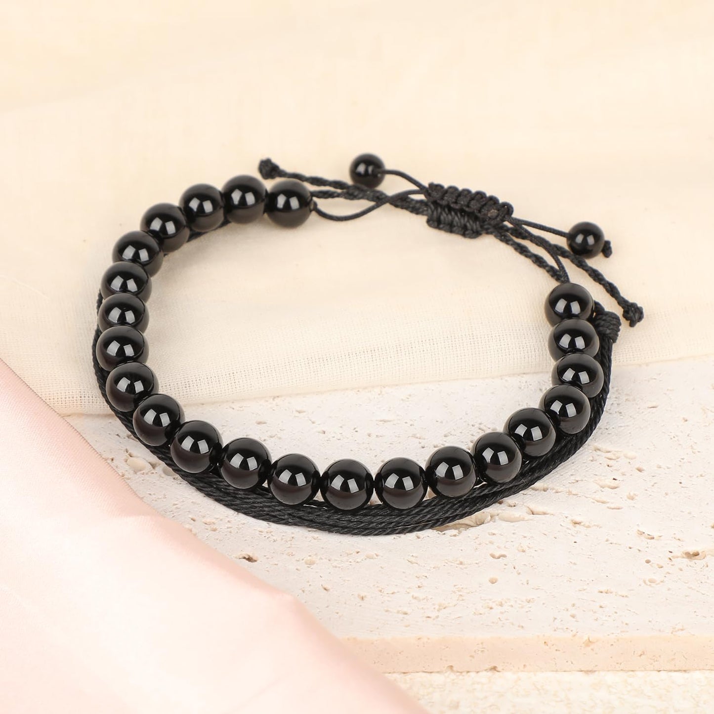 LPBeads 8mm Black Onyx Bracelet with Handmade Rope Bracelet Size Adjustable Natural Stone Crystal Healing Bracelets Gifts for Unisex Adults