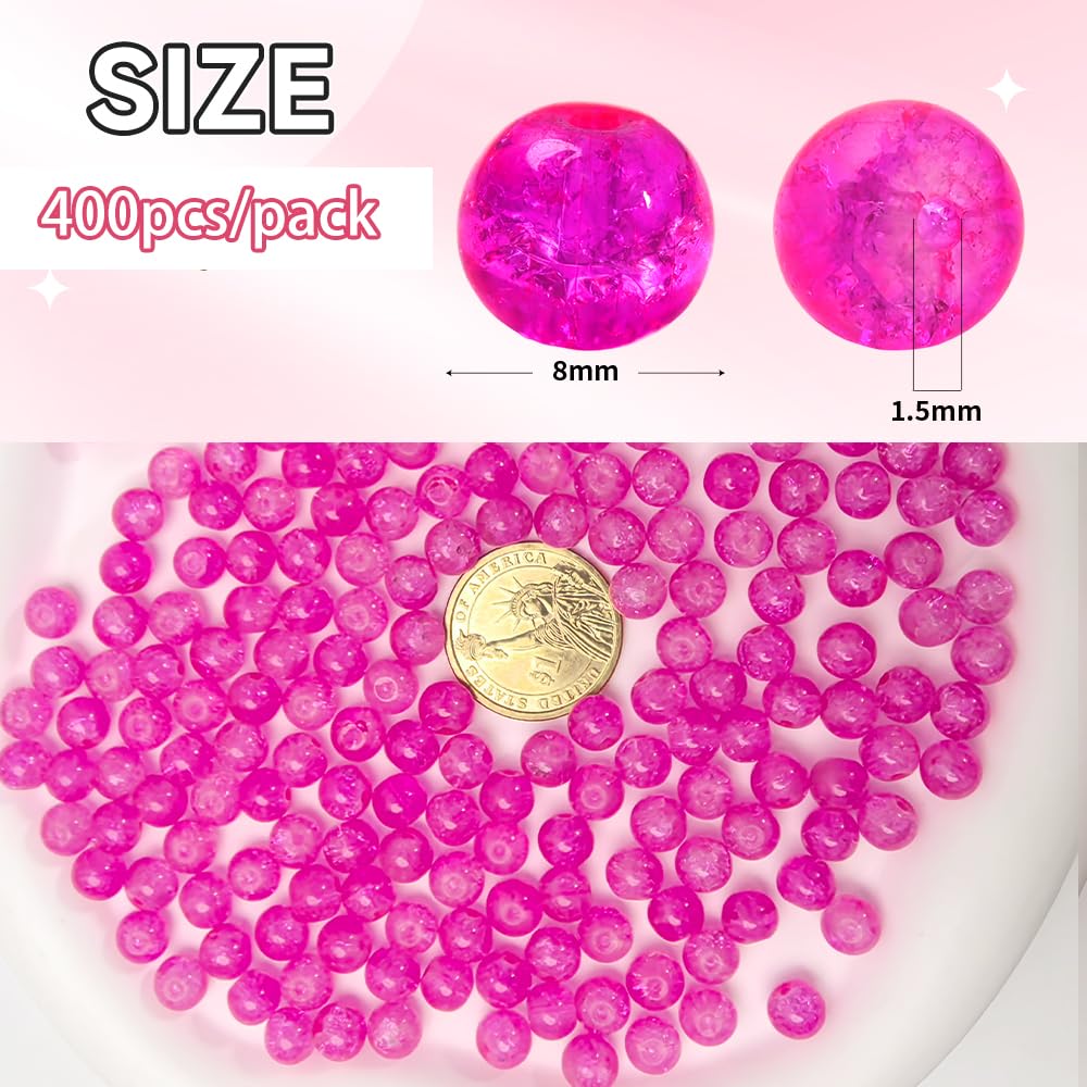 PAMIR TONG 400pcs 8mm Round Glass Beads for Bracelet Pretty Smooth Loose Beads for Necklace-Earring-Jewelry Making and DIY Crafts (Crackle Rose)