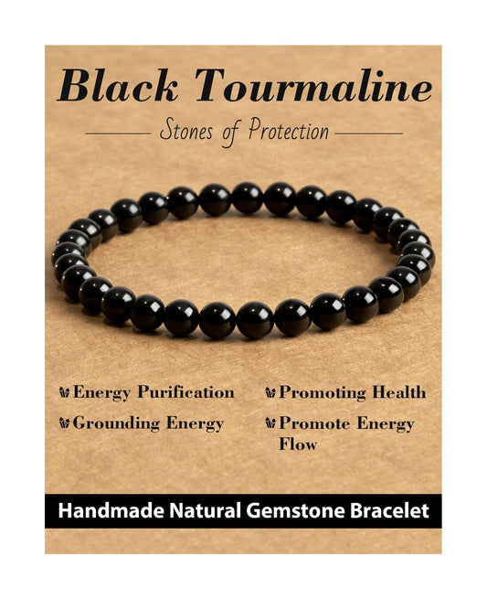 Landorilo Beaded Bracelet for Men Women, 6mm Natural Stone Black Tourmaline Healing Crystal Stretch Bracelets, Ideal Christmas Birthday Jewelry Gifts with Energy Card，Replacement Beads Included