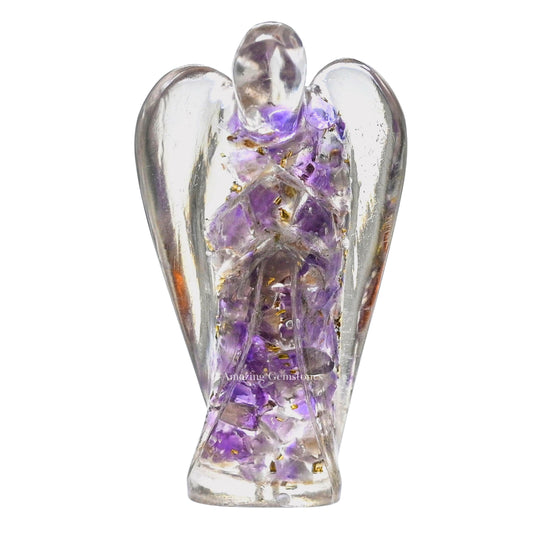 Amazing Gemstone Amethyst Guardian Angel Figurine Pocket Crystal Angel for Protection - Orgone Guardian Angel with Orgonite Layer and Natural Crystal for Healing Gift (2 Inch, Organite)