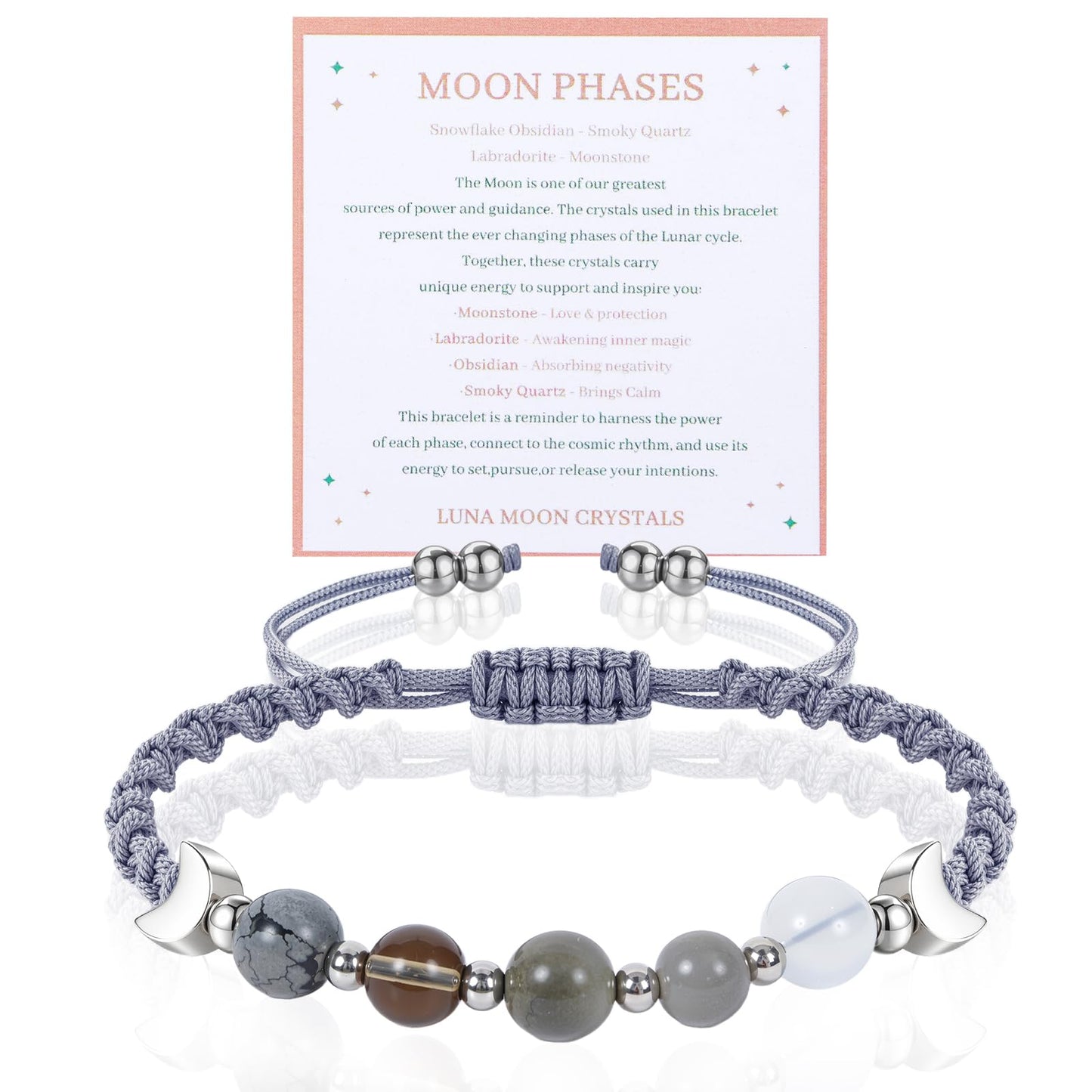 Moon Phase Bracelet for Women Her - Natural Stone Beaded Crystal Healing Bracelet with Cards Moonstone Spiritual Bracelets Jewelry Gifts for Mom Girlfriend Bestie‌ Mothers Day Graduation Birthday