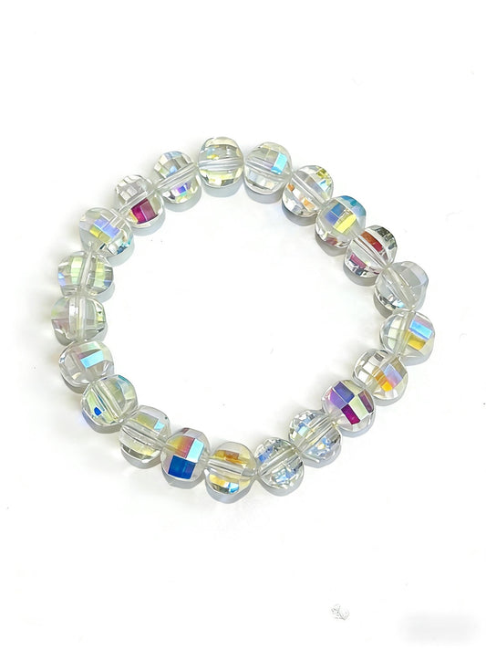 IETWIPNO Stretch Crystal Bracelet for Women,Elastic Beaded Bracelets Set of 1,Multicolor Healing Stone Adjustable Bangle, (10MM Round White AB)