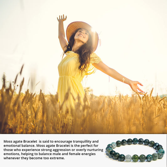 ANAYA AGATE Moss Agate Bracelet, Healing Crystal Bracelet for Women and Men, 8mm Round Beaded Bracelet for Spiritual Healing, Protection, Positive Energy, Elastic Adjustable Size Gemstone Bead Bracelet