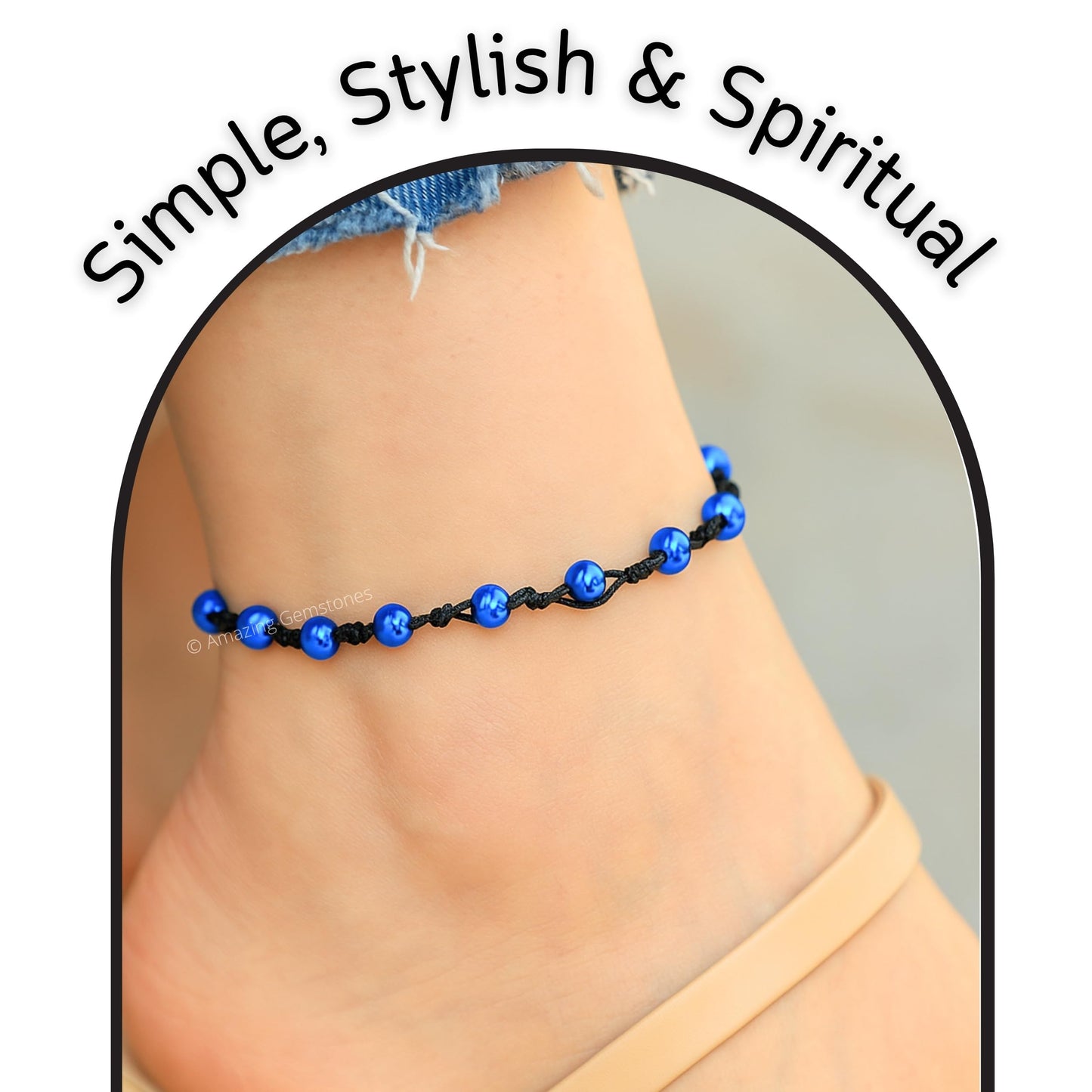 Amazing Gemstone Blue Hematite Anklet Ankle Bracelets for Women - Waterproof Beaded Healing Crystal Anklets, Plus Size Chakra Gemstone Bead Anklet (Stretchy Adjustable - Hand Knotted)