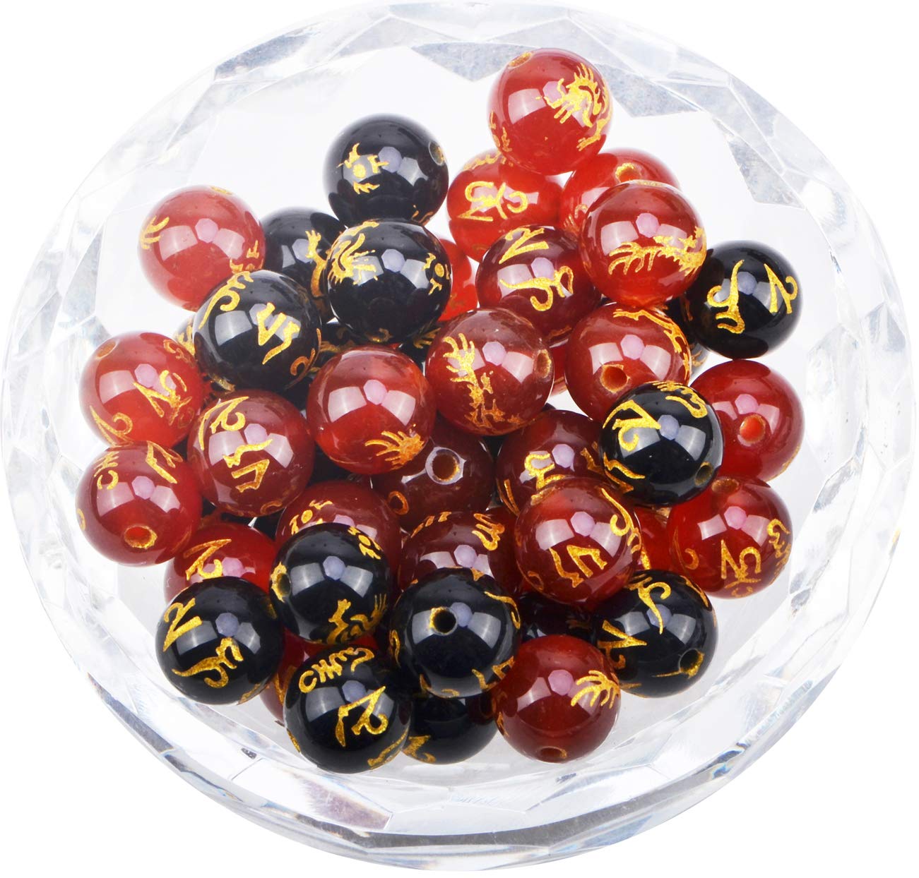 80Pcs Natural Crystal Beads Stone Gemstone Round Loose Energy Healing Beads with Free Crystal Stretch Cord for Jewelry Making (Craved Dragon Mantra Red Black Agate, 10mm)
