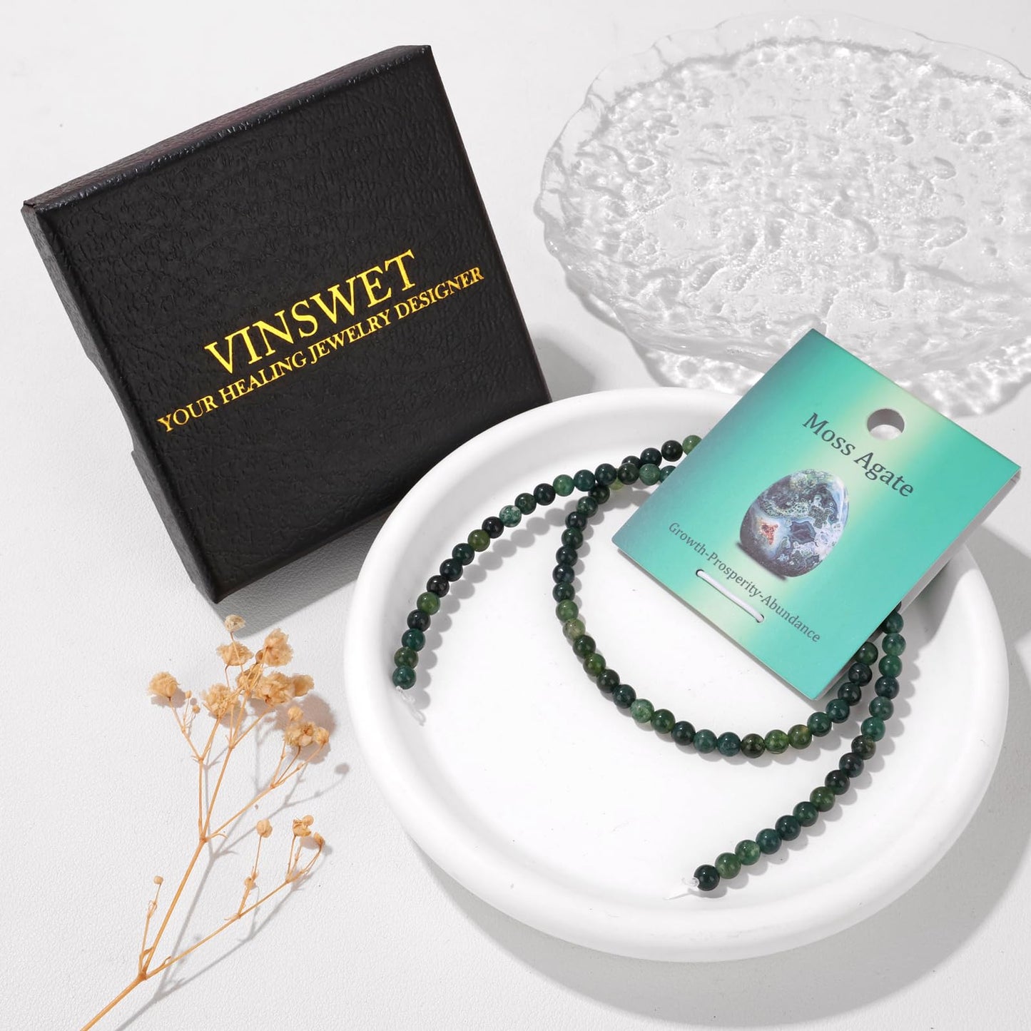 Vinswet 90pcs 4mm Moss Agate Natural Stone Beads Round Genuine Real Stone Beading Loose Gemstones DIY Smooth Bead for Bracelet Necklace Earrings Jewelry Making