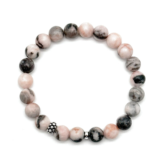 Joyfulmuze Zebra Jasper, Stretch Bracelets Natural Genuine Pink and Black Gemstones, Handmade Gift for Women and Men (Ocean-Pink-Black-Agate)
