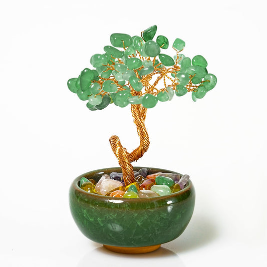 Green Aventurine Crystal Tree for Office Desk Home Room Decor, Crystal Tree of Life with Copper Wire, Ceramic Base, Meditation Gift for Women, Yoga, Birthday Gift