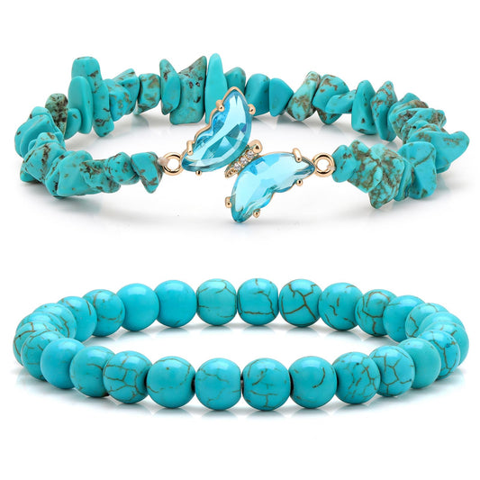 GolbalJew Turquoise Beaded Bracelet for Women Healing Crystal Stone Bracelets Blue Beads Stretch Bracelet Butterfly Charms Jewelry Women Gift