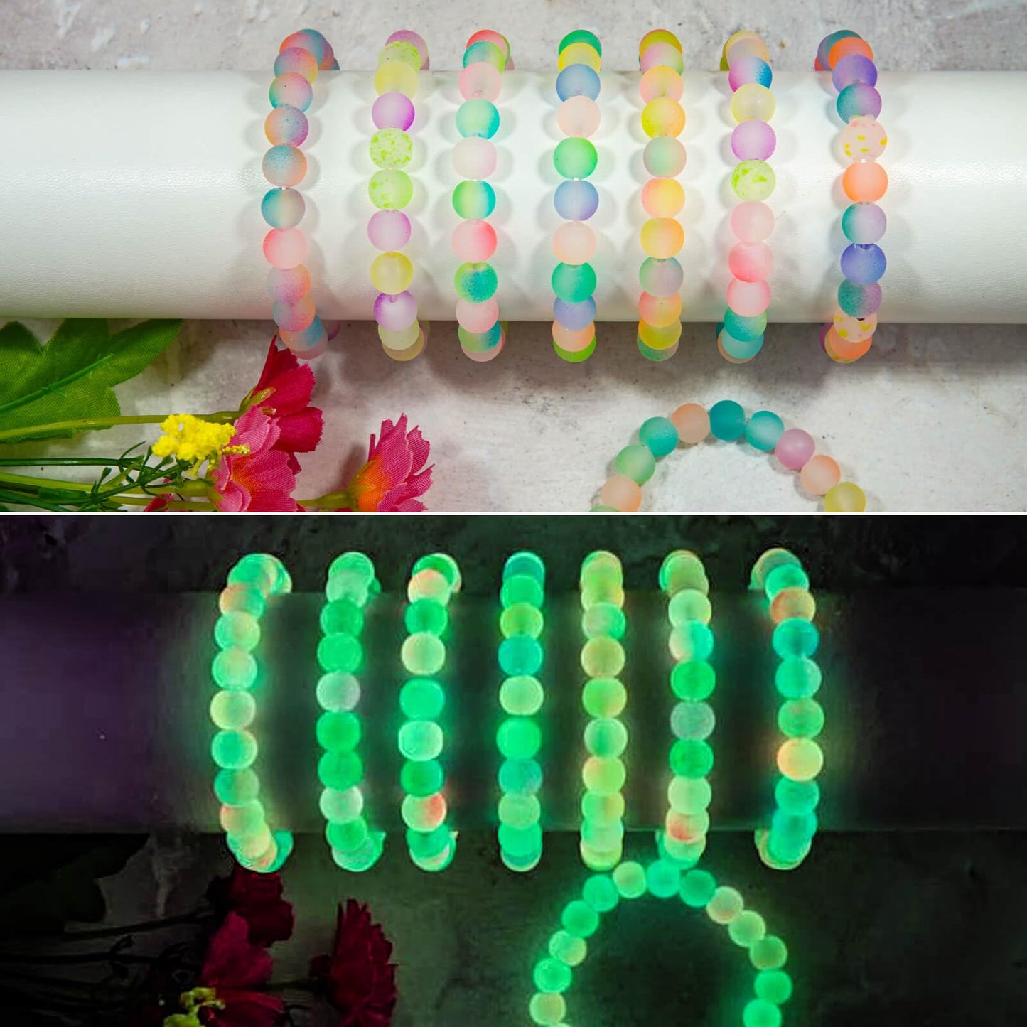 JHYlilia Glow in The Dark Glass Beads for Jewelry Making, 600Pcs 8MM 24 Grids Crystal Gemstone Beads Round Spacer DIY Craft Beads for Bracelet Necklace Earrings Phone Lanyard Wedding Decor