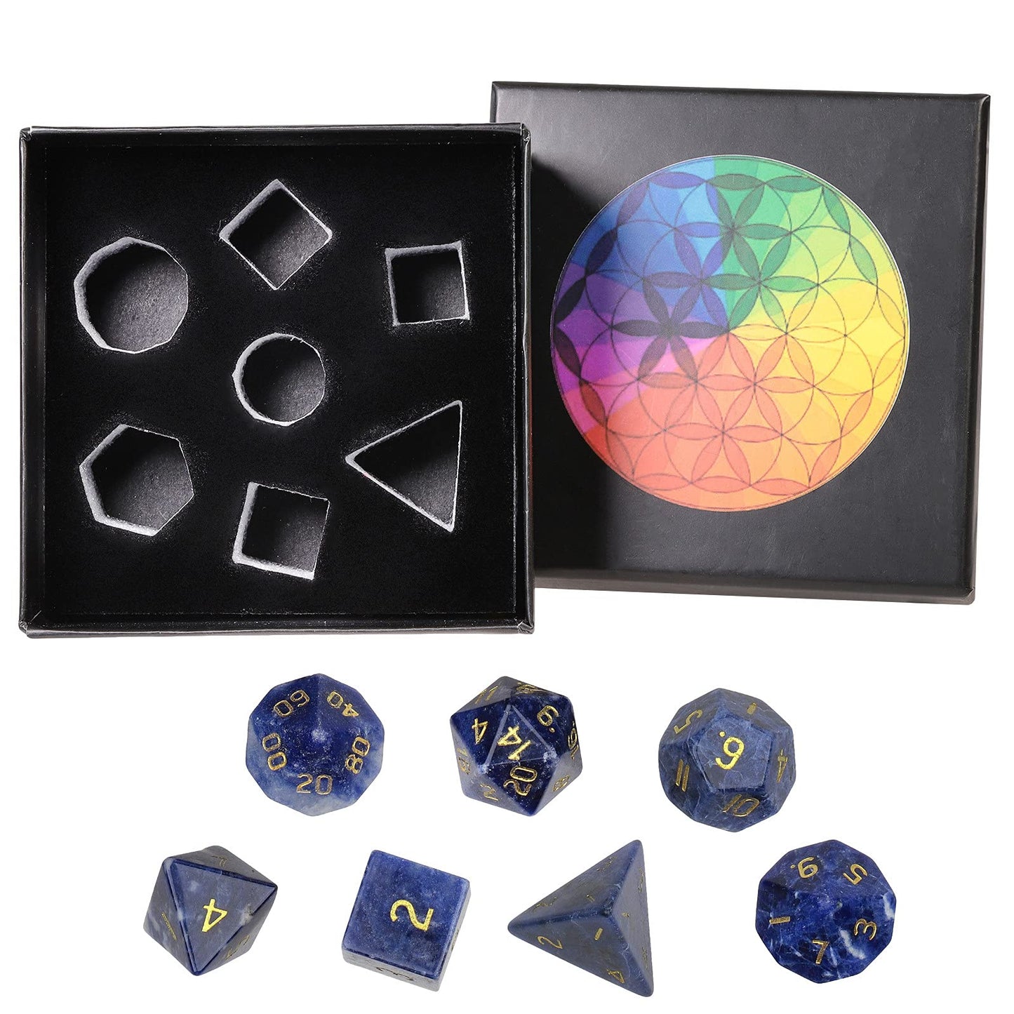 mookaitedecor 7 PCS Sodalite Crystal Polyhedral DND Dice Set, Polished Tumbled Stones Dices for RPG MTG Table Games Home Decoration