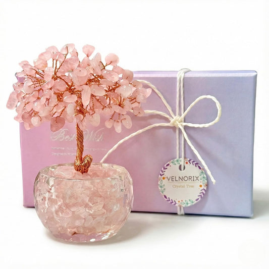 VELNORIX Rose Quartz Crystal Tree of Life - Natural Gemstone Feng Shui Bonsai - Healing Crystals Decor for Home Office, Attract Love & Relationships - Spiritual Gifts for Women (Pink)