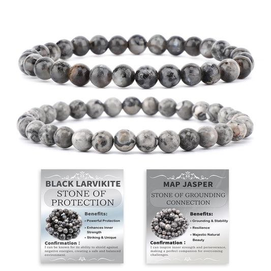 NCB 2-Piece 6mm Natural Crystal Gemstone Stretch Bracelets – ﻿Black Larvikite, Map Jasper Handmade Reiki Energy Healing Jewelry for Meditation,Yoga, Unisex