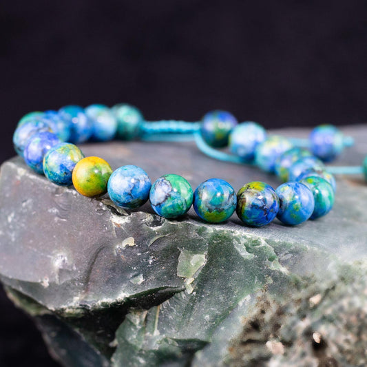 DAZCOLO Handmade Gem Bracelet Adjustable Macrame Gemstone 8mm Round Beads Crystals Quartz Unisex (Azurite)