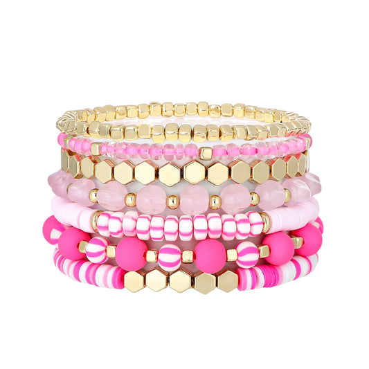 GOOJIDS Surfer Heishi Clay Bead Bracelets for Women Bohemian Stackable Gold Plated Beaded Stretch Bracelets Elastic Layering Friendship Bracelets Set Boho Jewelry