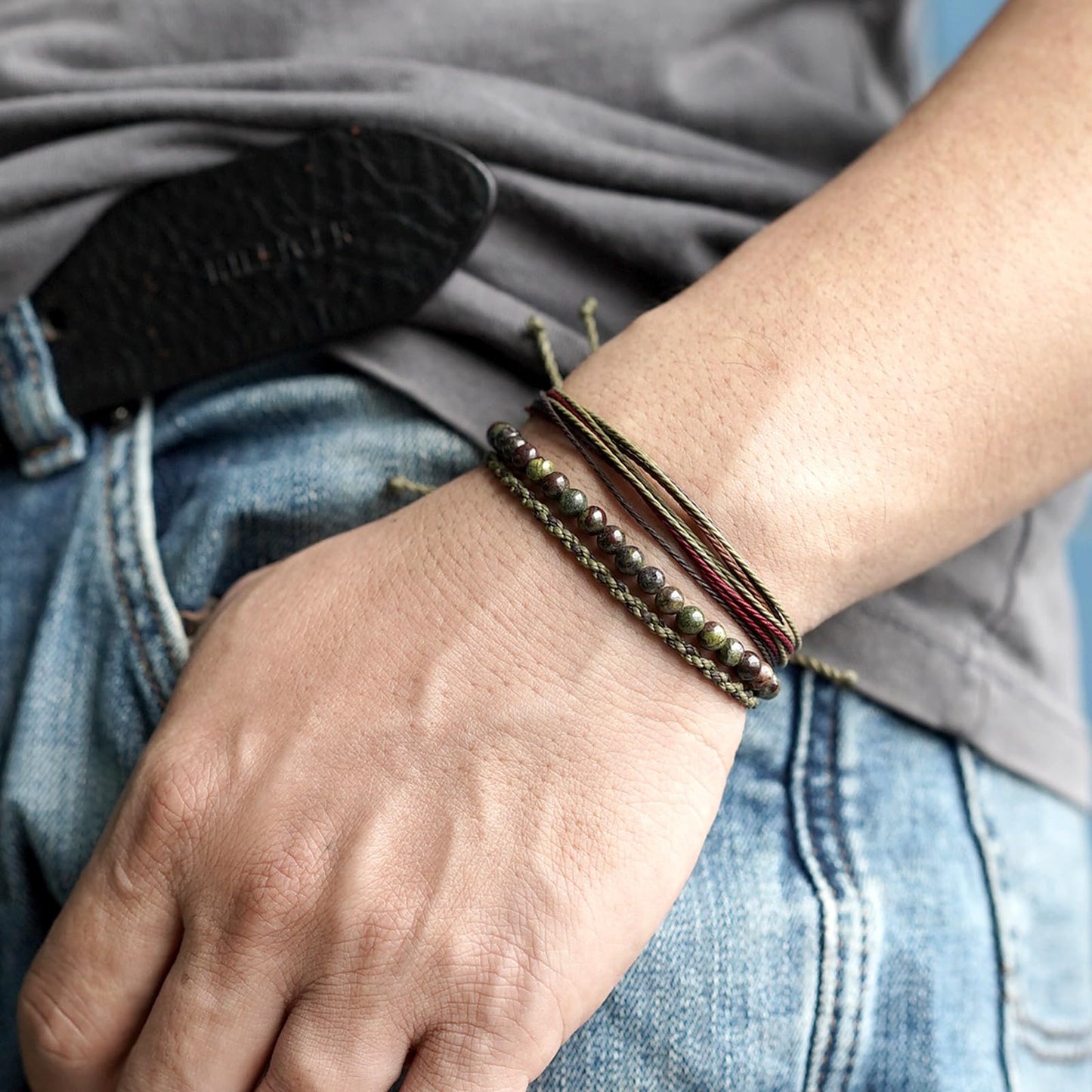 Handmade Natural Stone Beaded Healing Bracelet Gift for Men Adjustable Rope String Bracelet (Dragon blood stone, Adjustable)