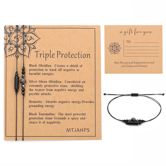 MTJAHPS Protection Bracelet, empath protection, black obsidian Crystals and Healing Stones Bracelet for Women ，Luck ，Anxiety and Stress Clam Bracelet (Triple Protection)