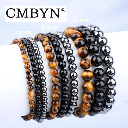 CMBYN 3-Pieces 8mm Natural Crystal Gemstone – ﻿Black Onyx, Hematite, Yellow Tiger's Eye Handmade Reiki Energy Healing Stretch Bracelets Jewelry for Yoga, Meditation, Unisex