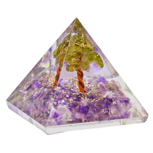 Amazing Gemstone Amethyst with Peridot Tree Orgone Pyramid - 30mm Small Orgonite Pyramids with Crystals and Healing Stones - Authentic Organite Gifts