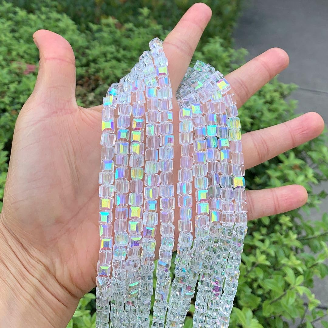 200pcs Czech Faceted Cube Crystal Glass Loose Beads Spacer Bulk 6mm (0.24 Inch) Crystal AB for DIY Jewelry Craft Making CCC602