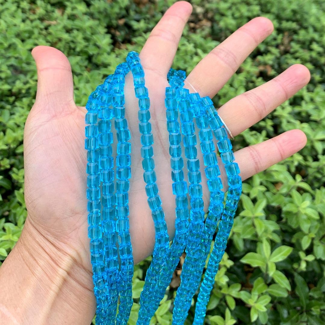 200pcs Czech Faceted Cube Crystal Glass Loose Beads Spacer Bulk 6mm (0.24 Inch) Aqua Blue for DIY Jewelry Craft Making CCC610