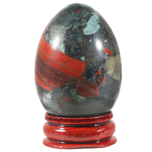 Casaper 2" Natural Africa Bloodstone Egg with Wood Stand for Home Decoration, Polished Crystal Pocket Palm Sphere Fengshui Figurines Healing Reiki