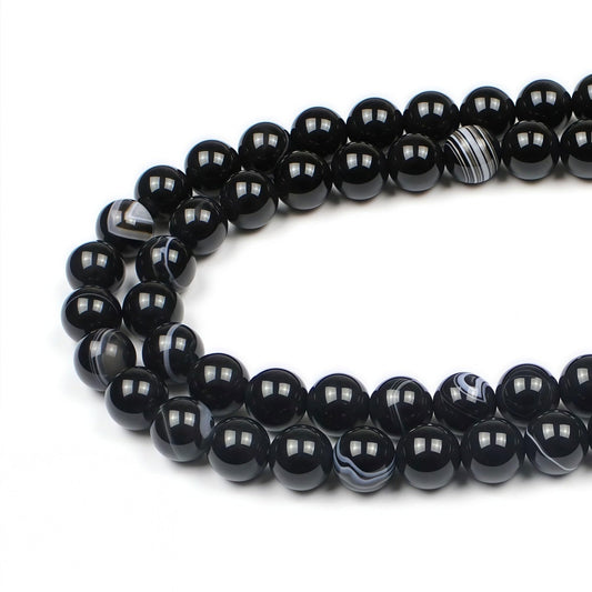 MJDCB Natural Black Striped Agate Round Loose Beads for Jewelry Making DIY Bracelet Necklace (10mm)