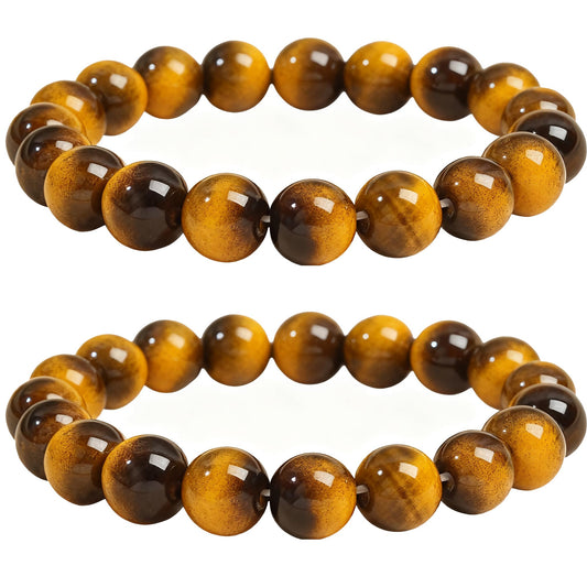 Cryhand Female 8mm Beaded Bracelets For Women Simulated Tigers eye Bracelet for Men Handmade Lucky Money Stretchy Crystal Bracelets Best Gifts 2PCS