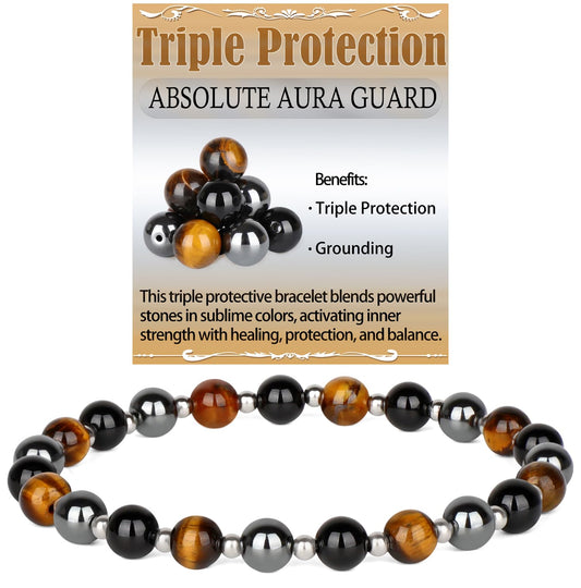 QOGIR Triple Protection - Onyx Hematite Tiger - Stainless Silver Beads Natural Gemstone Stretch Elastic Dainty Healing Beaded Bracelets Gifts 6mm