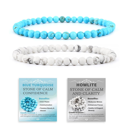 NCB 2-Piece 4mm Natural Crystal Gemstone Stretch Bracelets – ﻿Blue Turquoise, Howlite Handmade Reiki Energy Healing Jewelry for Meditation,Yoga, Unisex