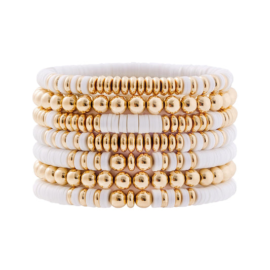 GOOJIDS Surfer Heishi Clay Bead Bracelets for Women Bohemian Stackable Gold Plated Beaded Stretch Bracelets Elastic Layering Friendship Bracelets Set Boho Jewelry