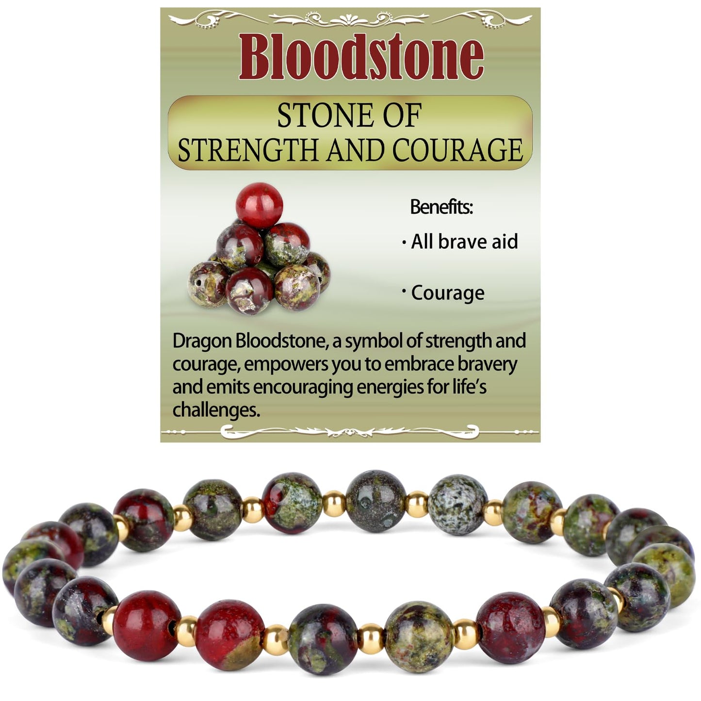 QOGIR Dragon Bloodstone - Strength and Courage - 14K Gold Plated Beads Natural Gemstone Stretch Elastic Dainty Healing Beaded Bracelets Gifts 6mm