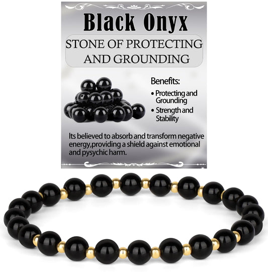 QOGIR Black Onyx - Protecting and Grounding - 14K Gold Plated Beads Natural Gemstone Stretch Elastic Dainty Healing Beaded Bracelets Gifts 6mm